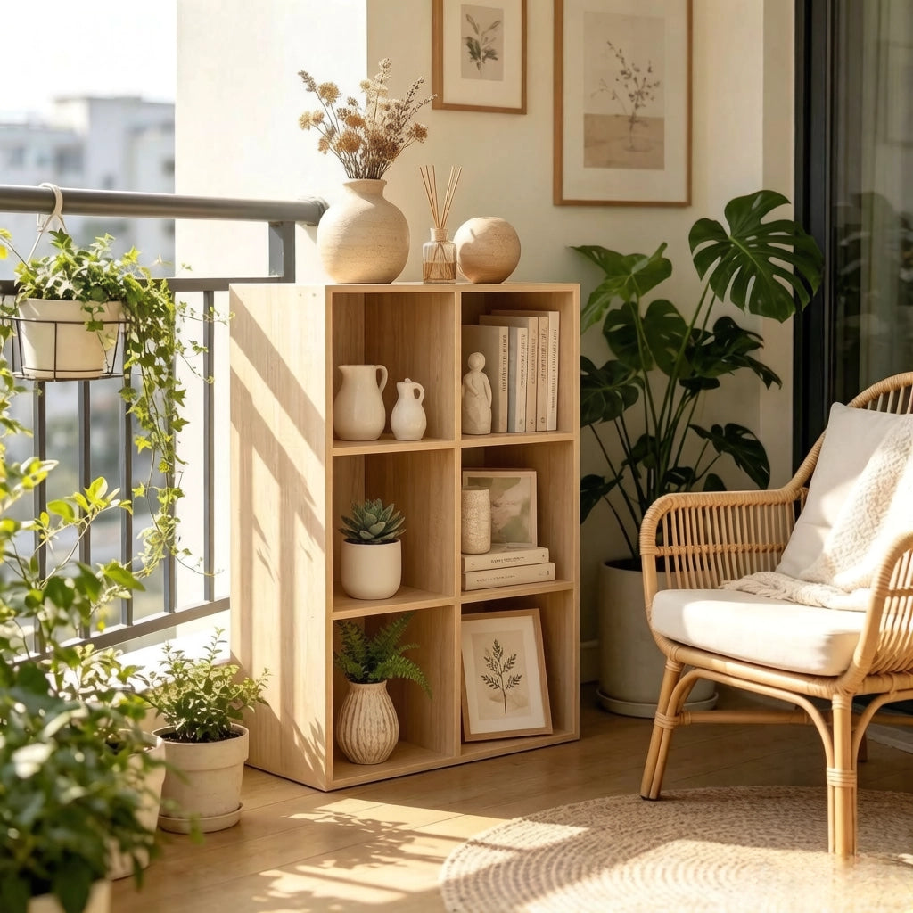 libreria aperta a cubi in legno ingegnerizzato E1 con 6 vani, scaffale multifunzione per casa e ufficio, rovere