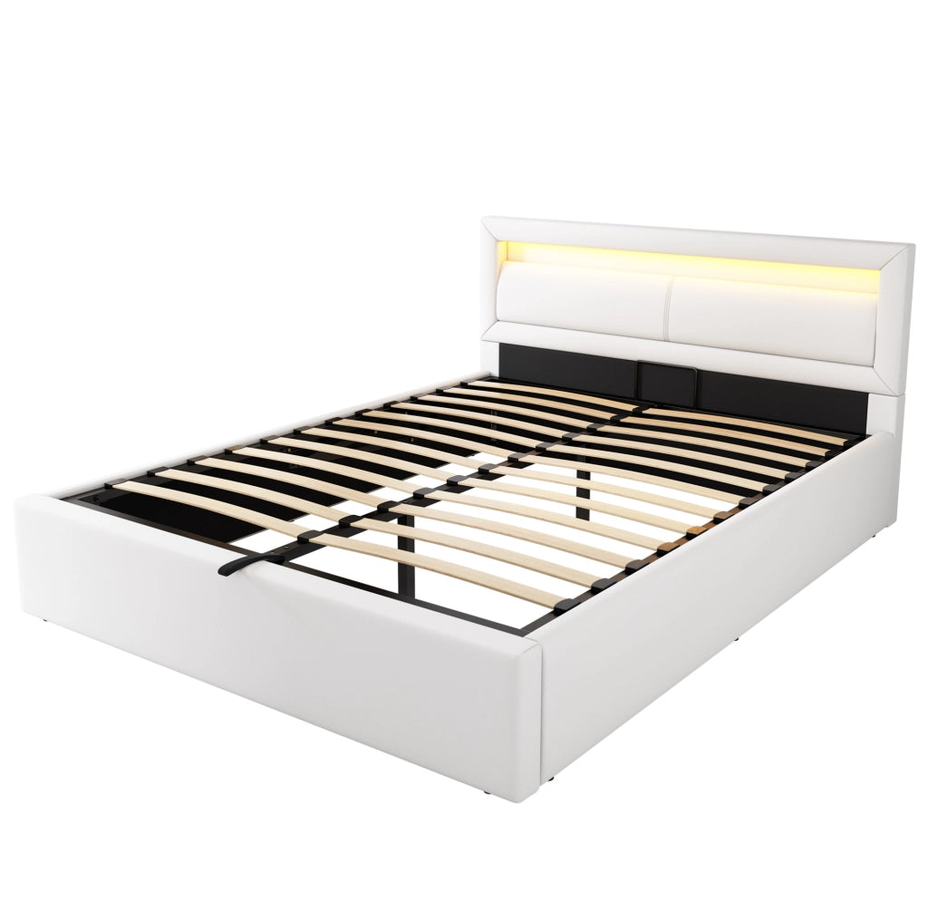 Letto imbottito 140x200 cm con LED, rete e vano contenitore