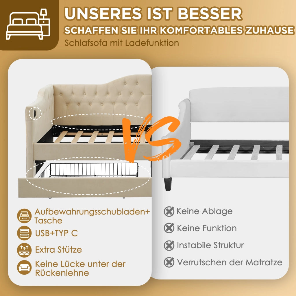 Letto singolo con due cassetti 90 × 200 cm con porte USB e Type-C rivestito in velluto beige senza materasso