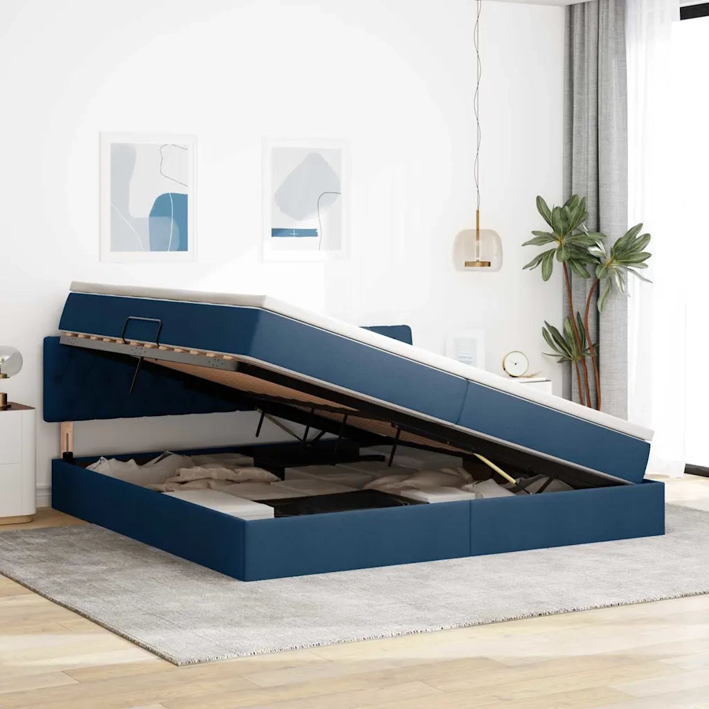 Letto con contenitore e materasso con testiera Blu 200 x 200 cm