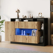 Credenza LED 140x44x94 cm in MDF effetto legno con controllo Bluetooth; ante in acrilico e vani