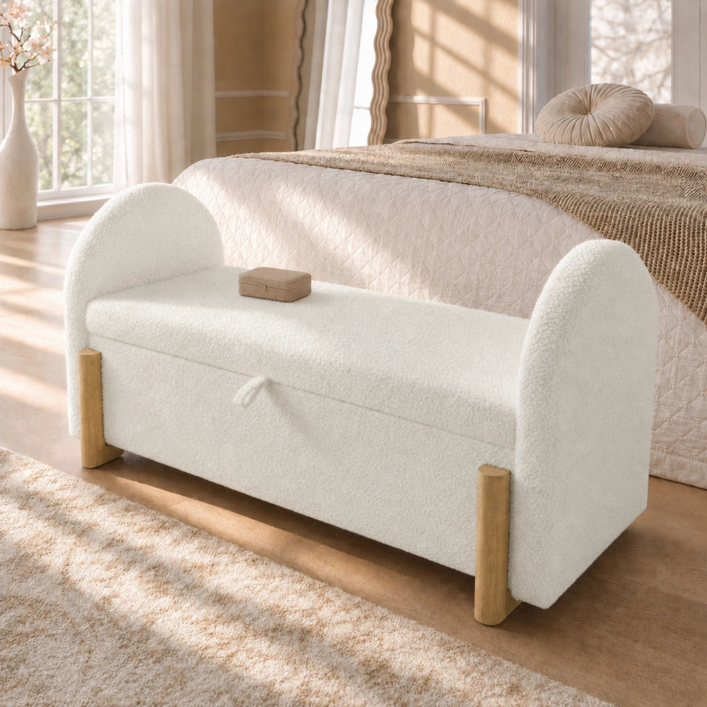 Panca con contenitore idraulico 106 cm bianca in tessuto bouclé chenille con gambe a U in legno di gomma