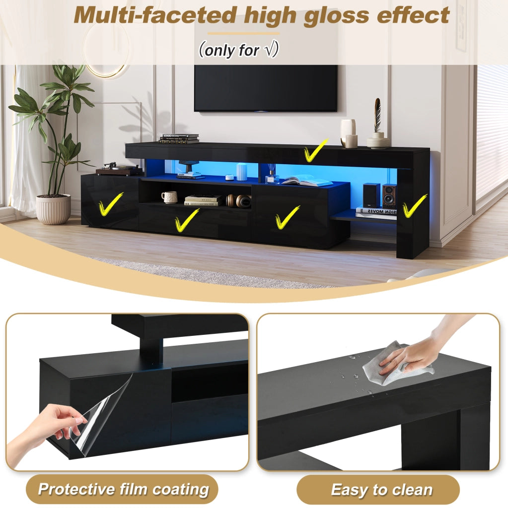 Mobile TV con LED 192x37x53 cm; 3 ante a ribalta e ripiani in truciolare nero