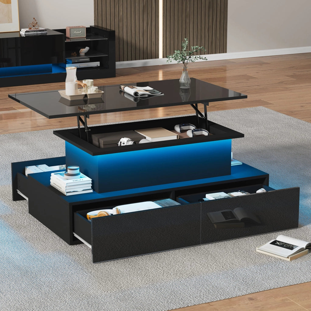 Tavolino da caffè moderno con LED; 4 cassetti e piano estraibile 90 x 55 x 41 cm; nero lucido