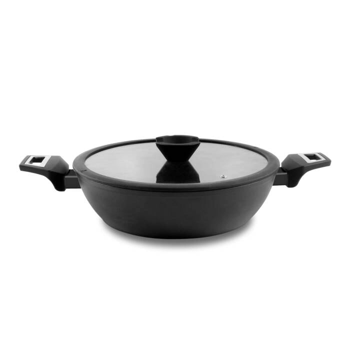 Casseruola alta con coperchio in vetro, antiaderente alluminio forgiato 28cm, fondo induzione completo, manico baquelita - SOGO