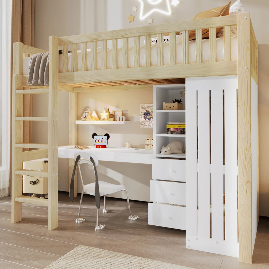 Letto a soppalco in legno di pino 90x200 cm con scrivania, armadio, 3 cassetti, scala e sponde, colore naturale