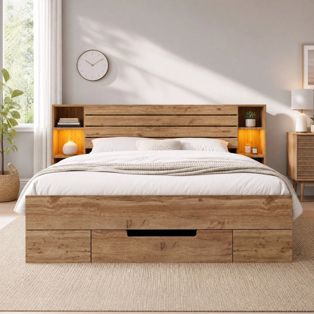 Letto matrimoniale 160x200 cm con LED; USB e Type-C; ripiani e 2 cassetti; rovere
