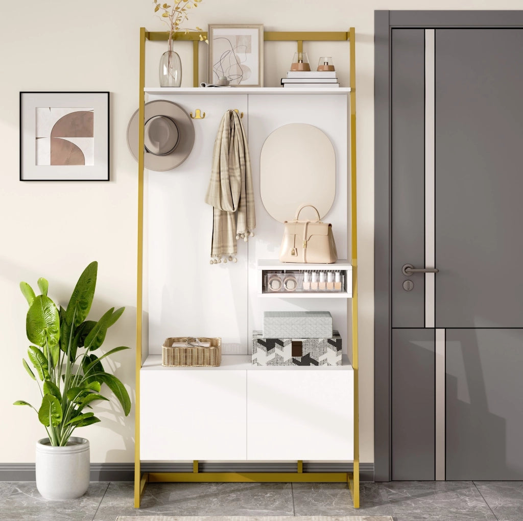Garderoba compatta bianca con specchio, appendiabiti in metallo e vano porta scarpe, design minimalista per ingresso