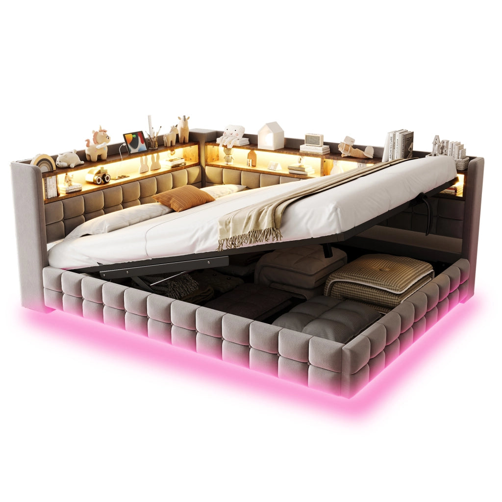 Divano letto imbottito multifunzione 140 x 200 cm con contenitore idraulico, mensola in legno, striscia LED, USB e Type-C - Velluto grigio chiaro