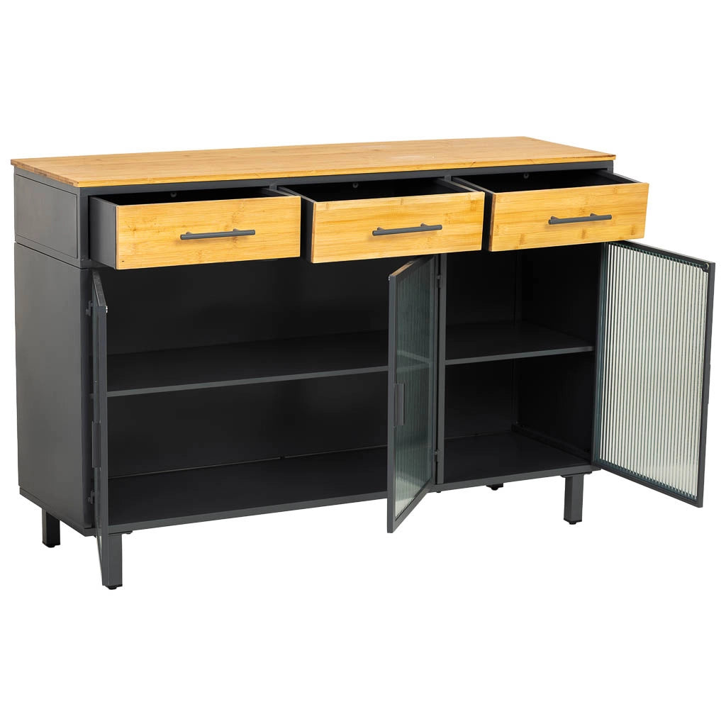 Credenza in vetro, metallo e legno 3 cassetti nero 120x35x79,5h cm