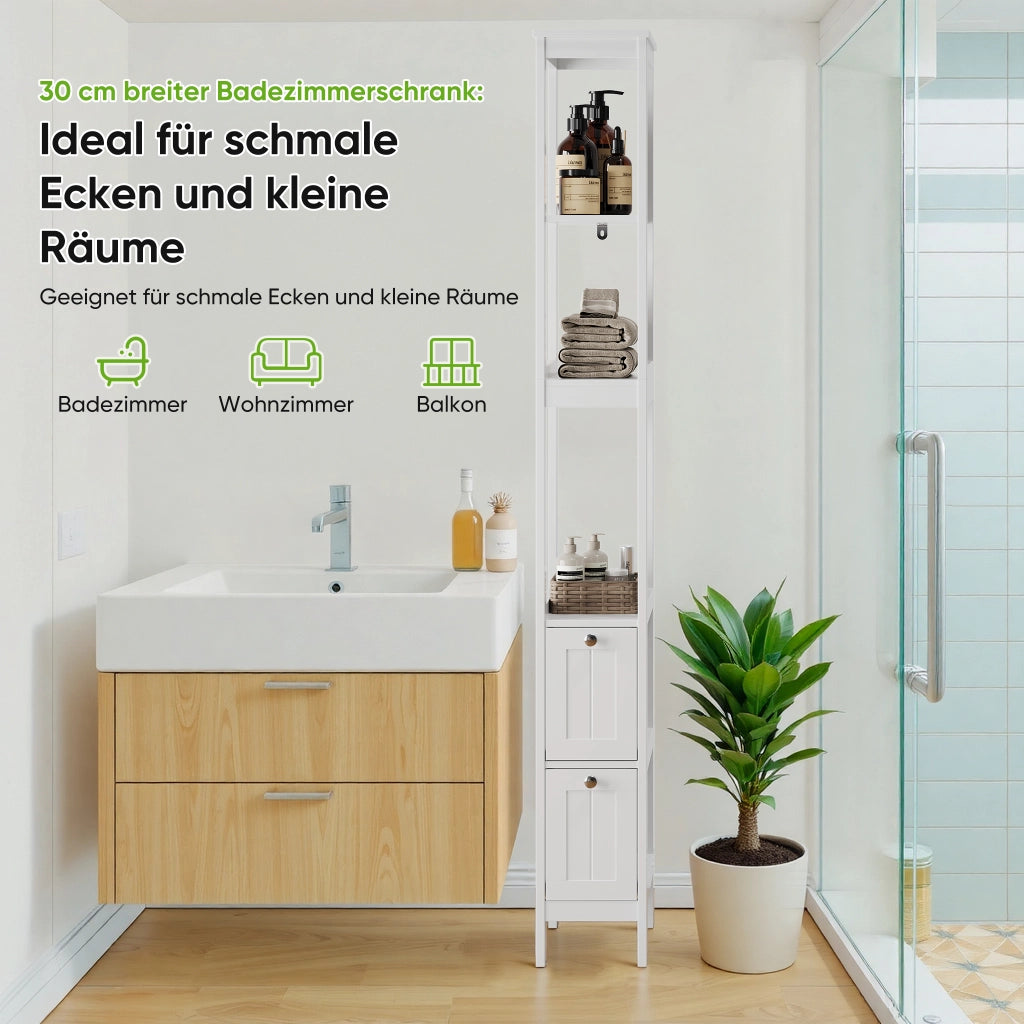 Colonna da bagno con 2 cassetti e 3 ripiani aperti in MDF bianca per spazi ridotti 20 × 30 × 160 cm