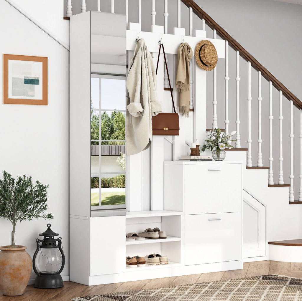 Set da ingresso con specchio; 2 scarpiere a ribalta e 5 ganci; 135 ¡Á 25 ¡Á 180 cm; bianco