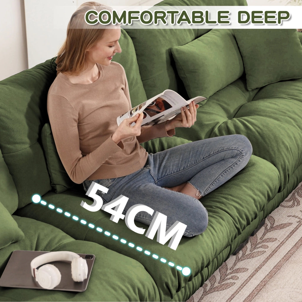Sofà modulare ad angolo a U 4 posti in chenille verde con pouf mobili