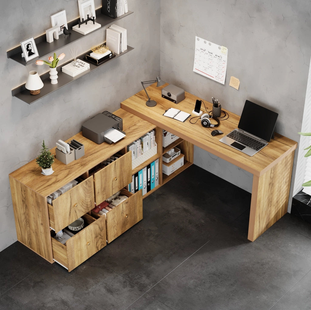 Scrivania girevole a 360° con 4 cassetti e 4 vani in MDF effetto rovere