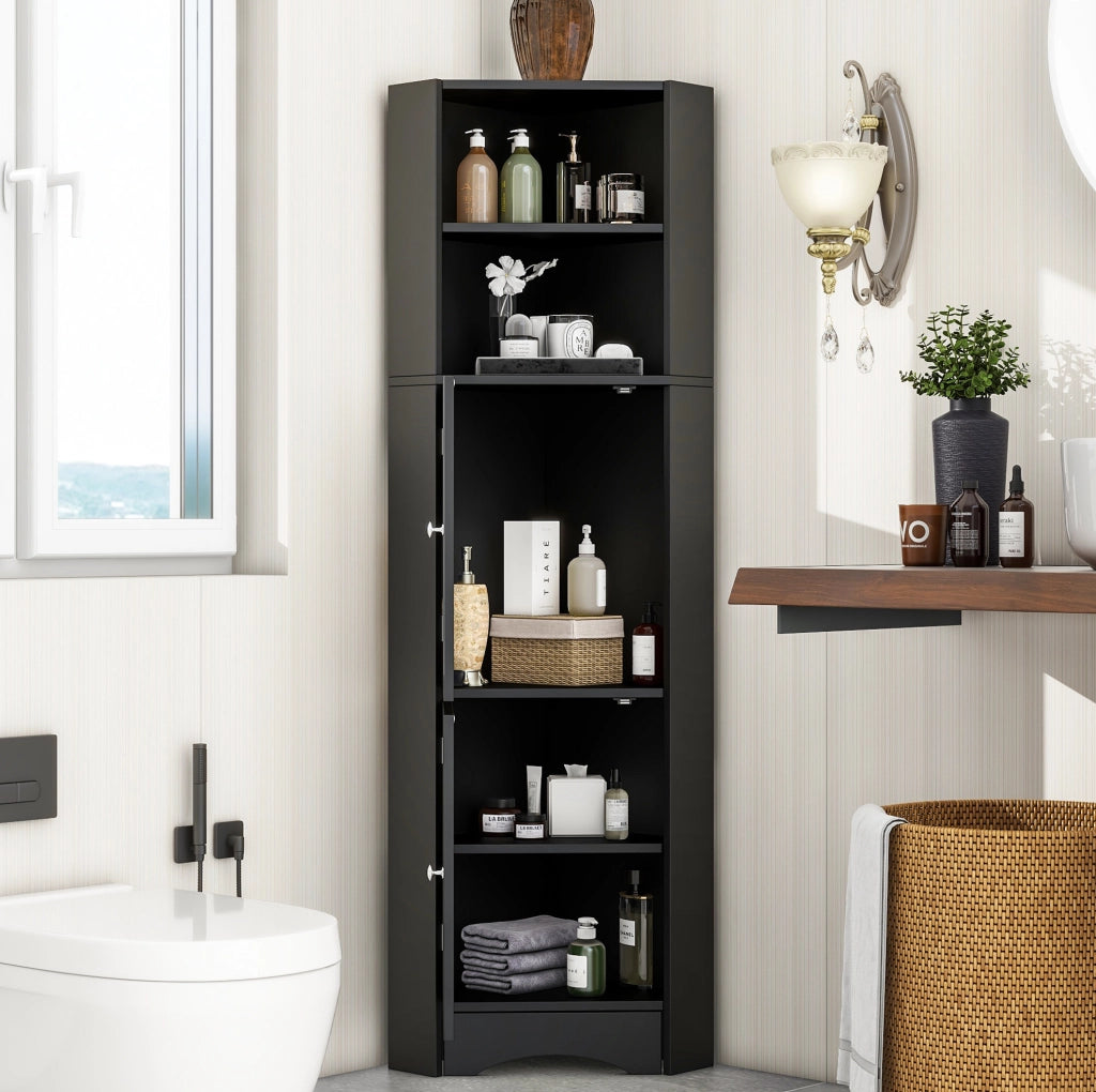 Armadio Angolare per Bagno con Due Ripiani e Mensola Regolabile, 36,5x36,5x155 cm, Nero