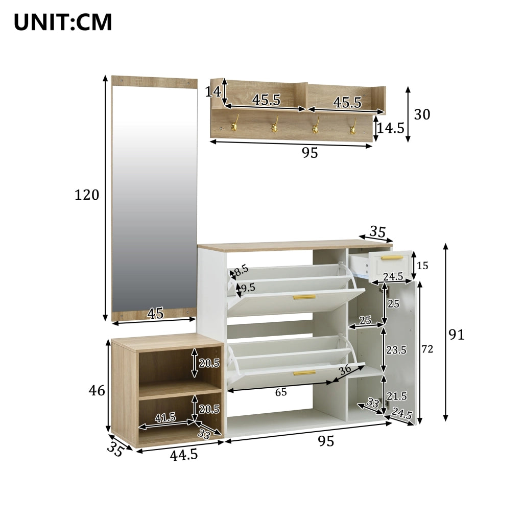 Set mobili ingresso 4 pezzi con scarpiera, panca, appendiabiti e specchio 139,5x35x166 cm HAVRYA