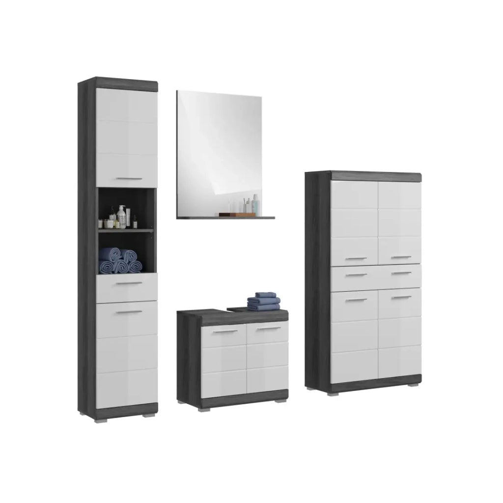 Set bagno SCOTT – Mobile sotto lavabo, specchio, mobiletto e colonna – Grigio scuro e bianco