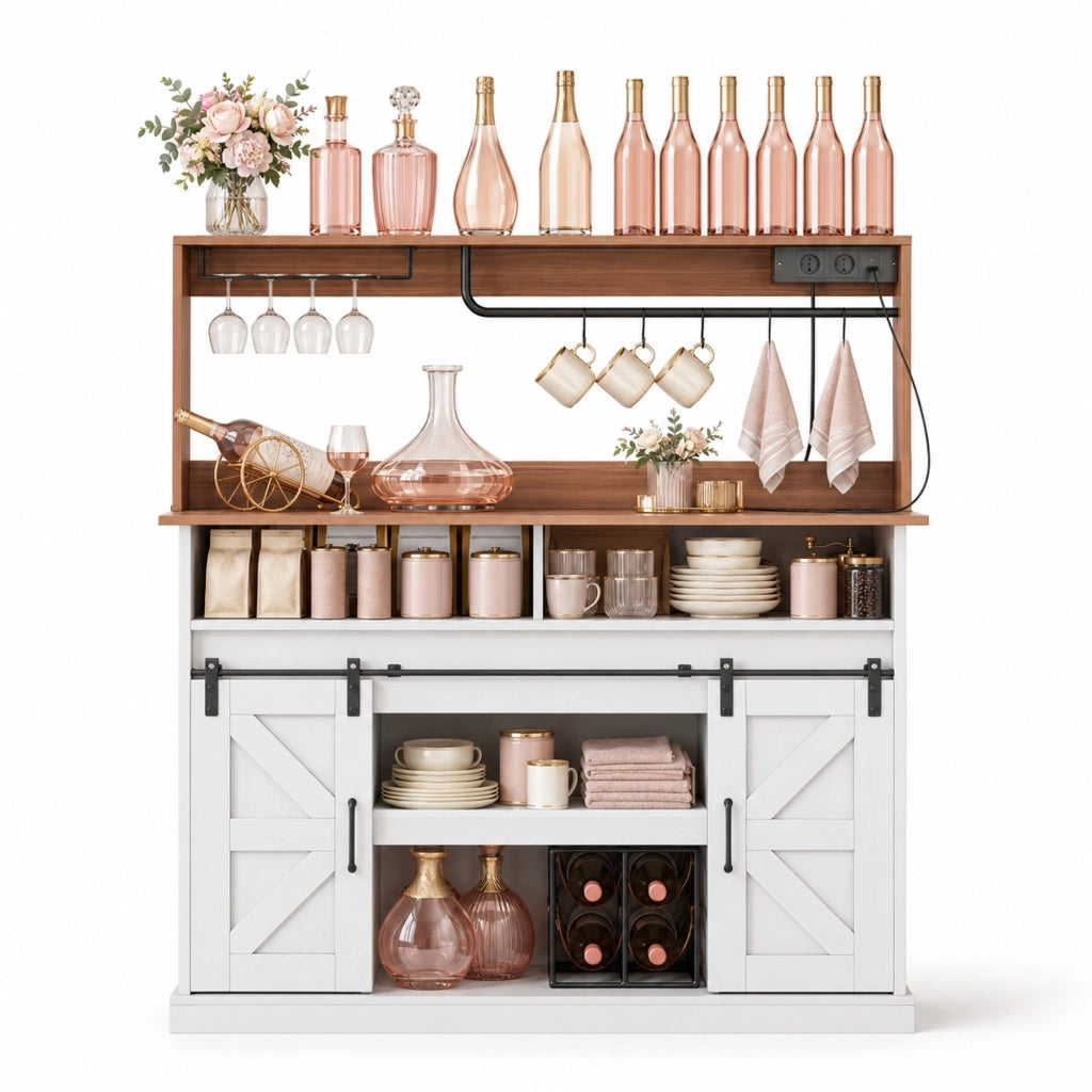 Mobile bar caffÃ¨ 120x40x130 cm con prese AC e USB in MDF bianco e naturale