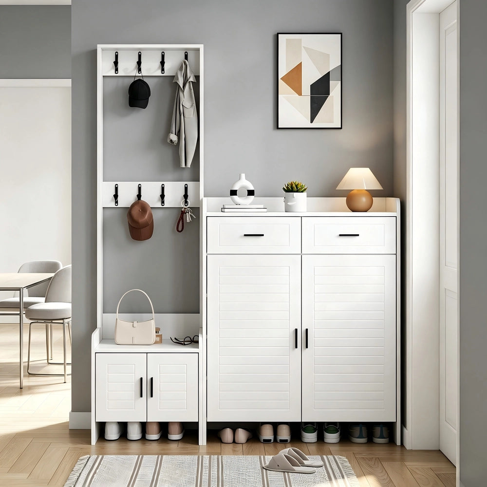 Set appendiabiti e scarpiera ingresso ¨C Minimal ¨C bianco, 2 cassetti 2 ante 6 ripiani 8 ganci, 125x36x165 cm