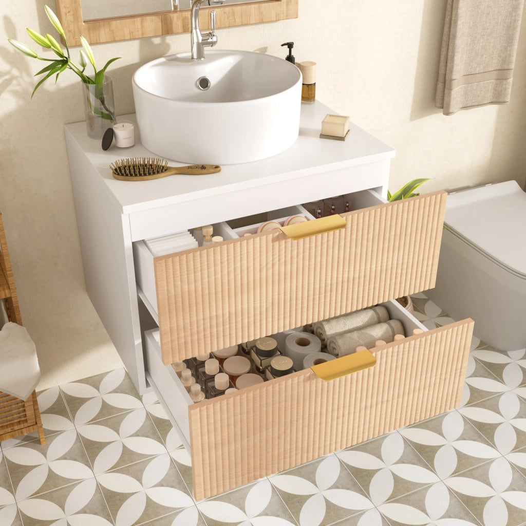 Mobile bagno 60 cm sospeso con lavabo rotondo in ceramica; 2 cassetti; MDF; effetto legno naturale