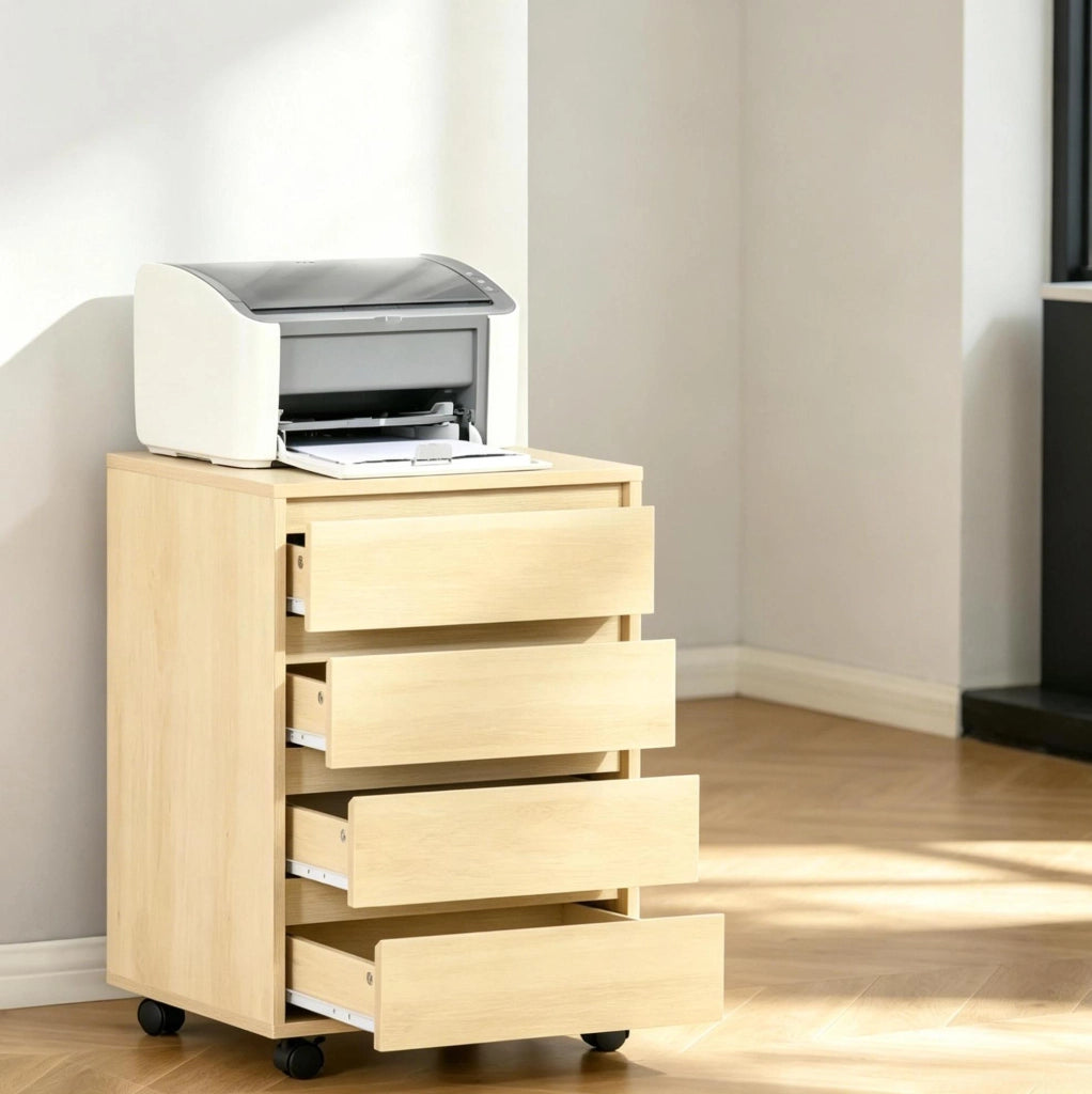 Mobile cassettiera in MDF naturale con 4 cassetti e ruote, 46x40x65 cm