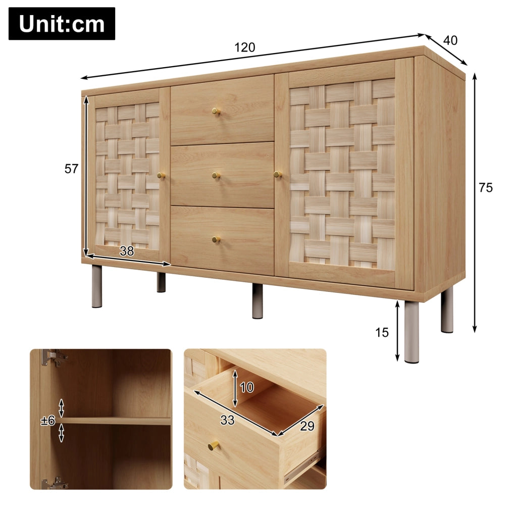 Credenza 120x40x75 cm rovere MDF e metallo, 2 ante e 3 cassetti