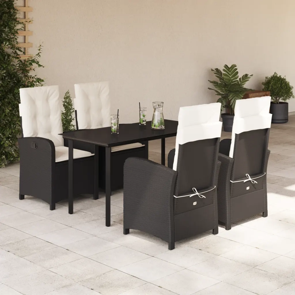 Set da Pranzo da Giardino 5 pz Nero con Cuscini in Polyrattan
