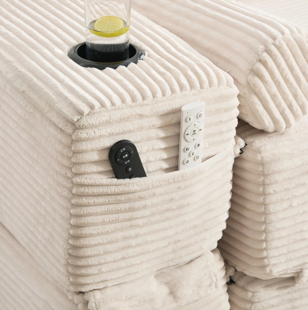 Divano letto modulare in velluto a coste beige con portabevande e tasche laterali HOMVRA