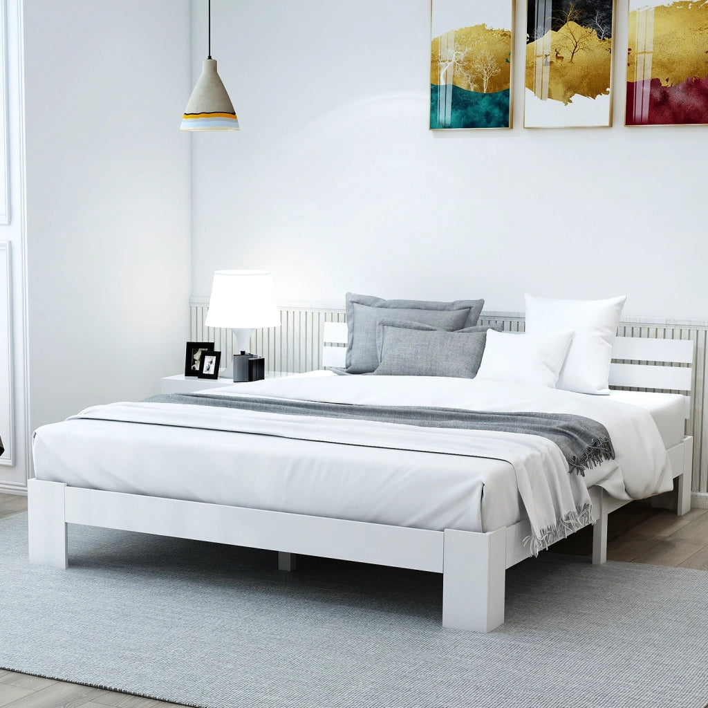 Letto matrimoniale 140 × 200 cm con testiera e rete a doghe in legno bianco portata massima 150 kg
