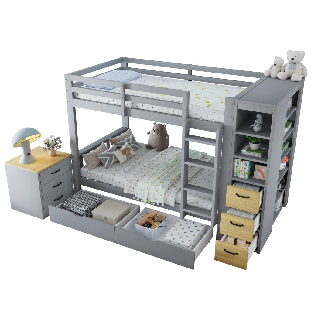 Letto a Castello Bambini LEMONMAX 90x200 cm con 2 Cassetti, Mobile Laterale con Ripiani, Scala Integrata e Comodino Modulare, Legno e MDF