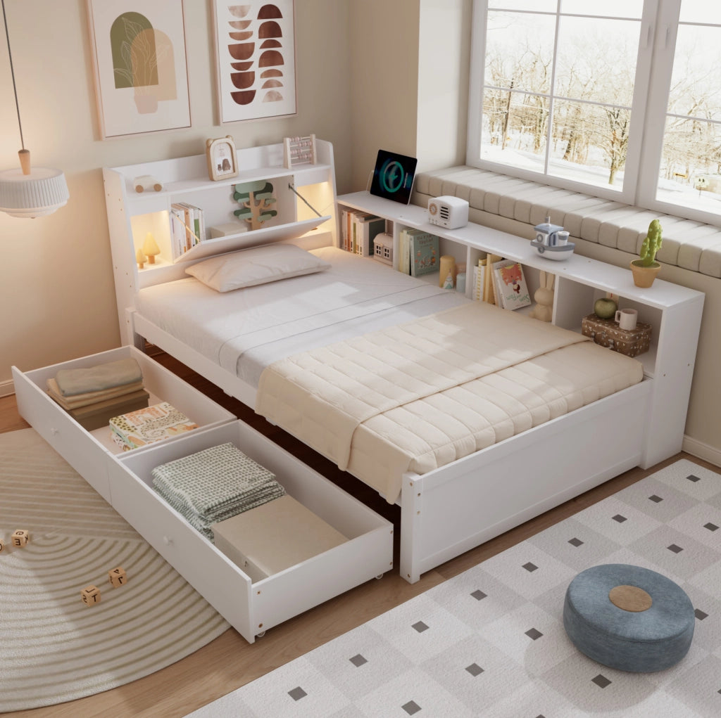 Letto singolo 90x200 cm con testiera contenitore e luci