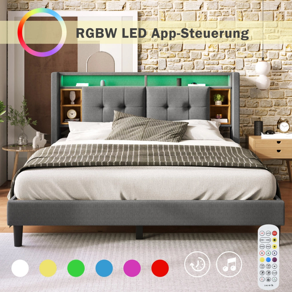 Letto matrimoniale imbottito ULEVR 160x200 cm con testiera contenitore, LED, 2 USB e 2 prese, grigio