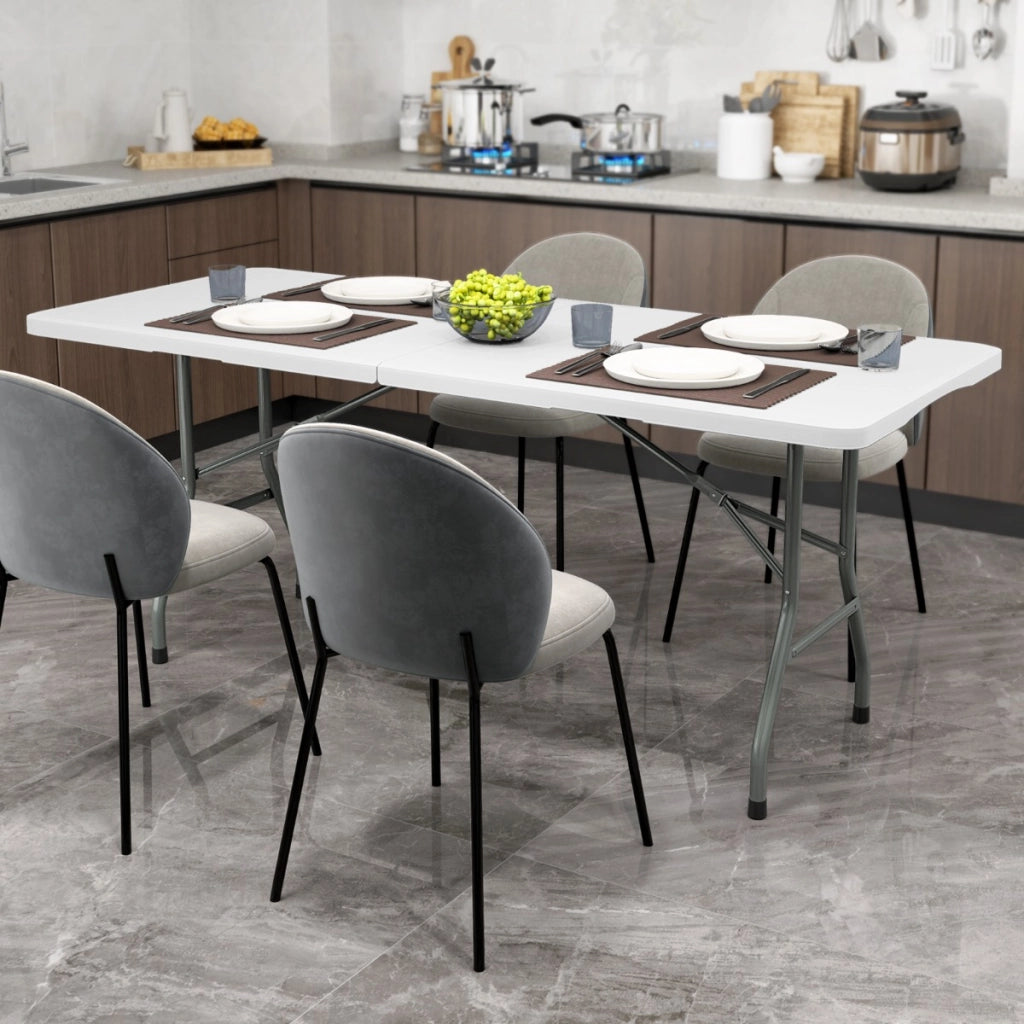 Tavolo pieghevole portatile da 180 cm per esterni con maniglia, Tavolo pieghevole a met¨¤ con capacit¨¤ di 160 kg e piano in HDPE Bianco
