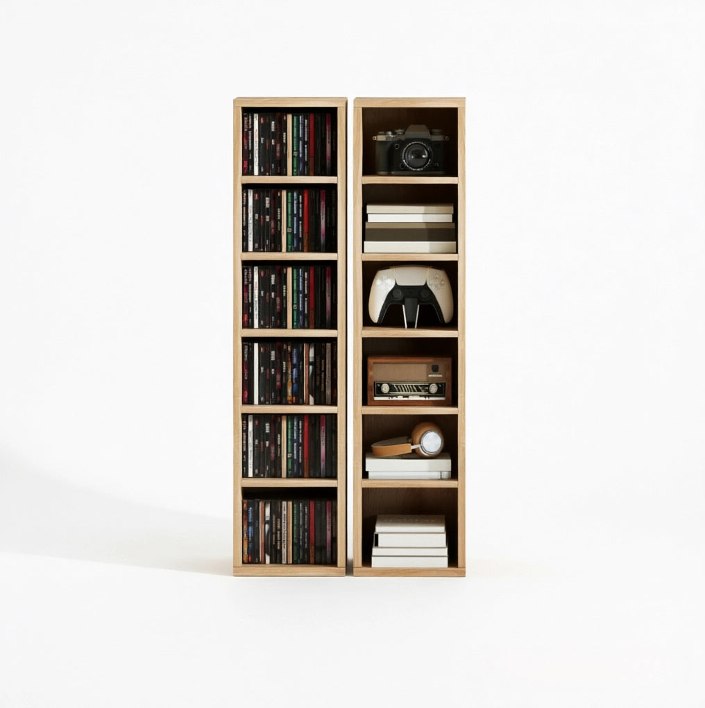 Set di 2 armadietti porta CD con colonne a scaffale, 12 scomparti, 21x22,5x88,5 cm, capacità 204 CD, colore rovere