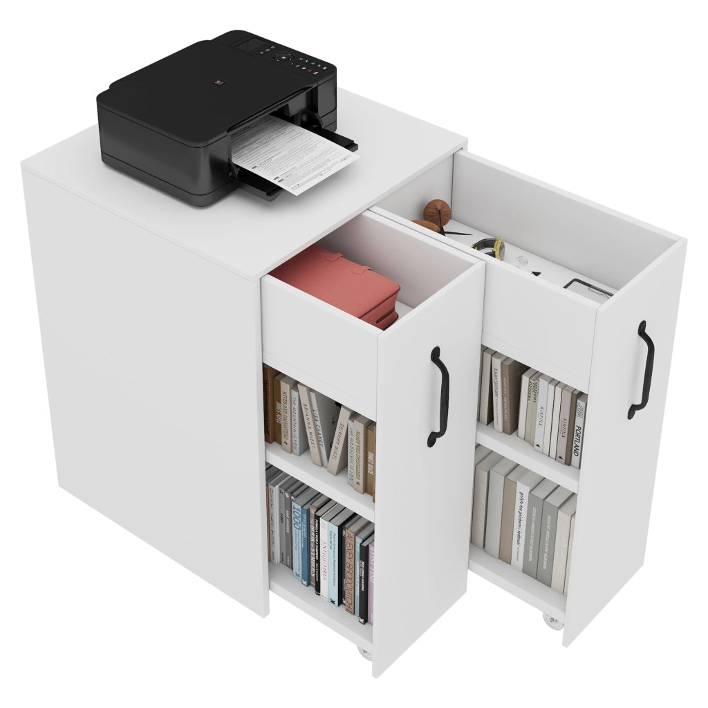 Libreria con 1 cassetto e 2 ripiani; ruote - per studio - 52×50×75 cm - bianco
