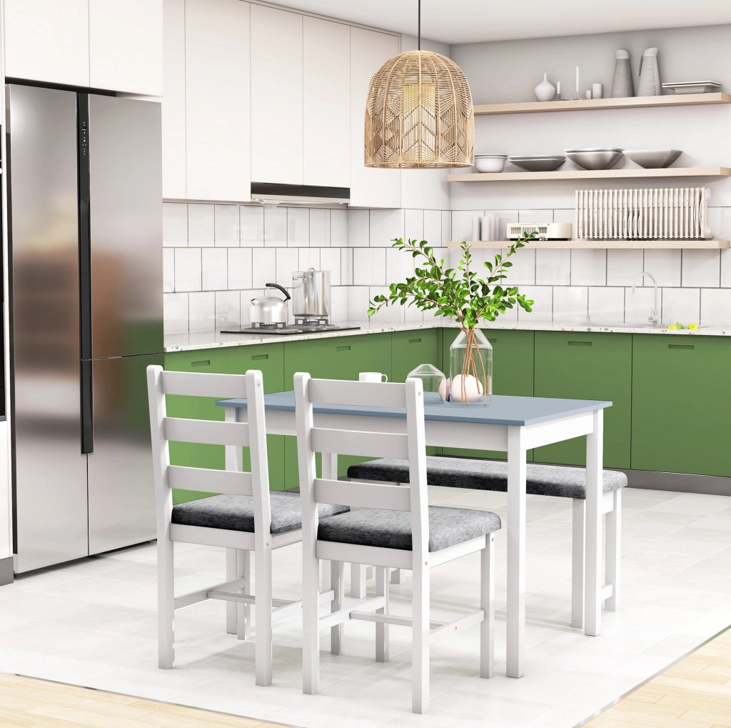 Set da pranzo 4 pezzi in pino con panca e 2 sedie grigio