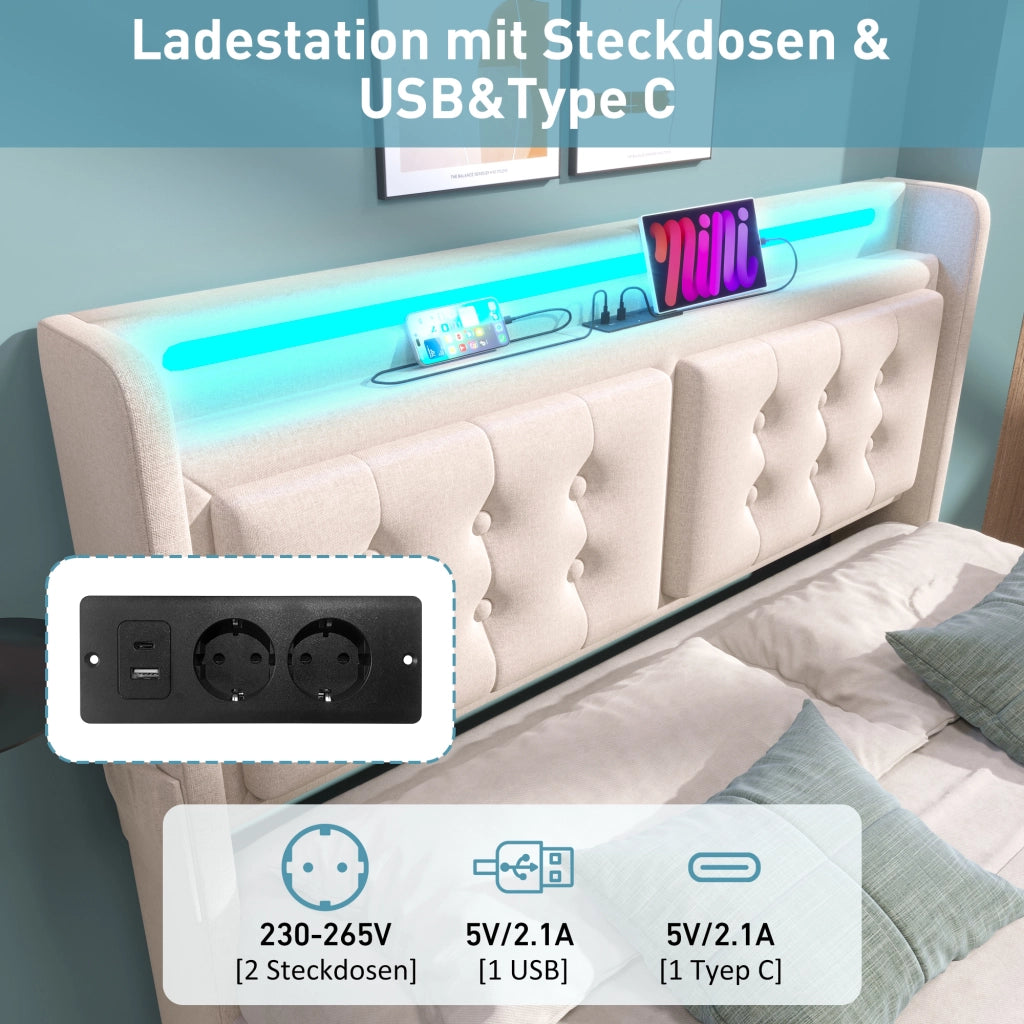 DESMIU Lit Coffre 140 × 200 cm 2 Posti con LED, USB, Type-C e 4 Cassetti, Materasso Incluso, Beige