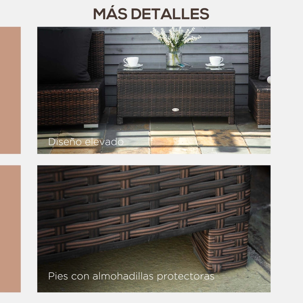 Tavolino da esterno ¨C zephmum ¨C legno di rattan, piano in vetro temperato, marrone, 85x50x39 cm