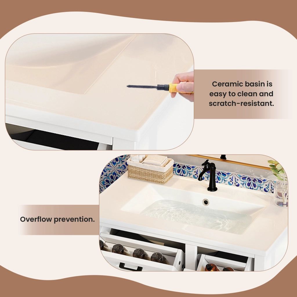Mobiletto con lavabo integrato a terra con 4 cassetti e anta soft-close in ceramica e MDF bianco 76 × 47 × 82 cm