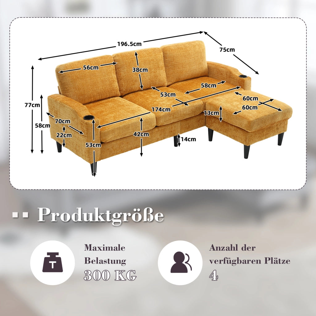 Divano 4 posti con pouf contenitore in ciniglia giallo 196,5x75x77 cm