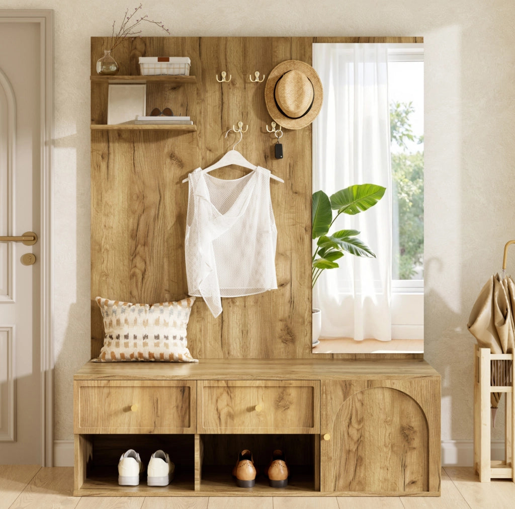 Set guardaroba da ingresso ULEVR 120x35x159 cm con specchio, 5 ganci, 2 cassetti e scarpiera effetto legno