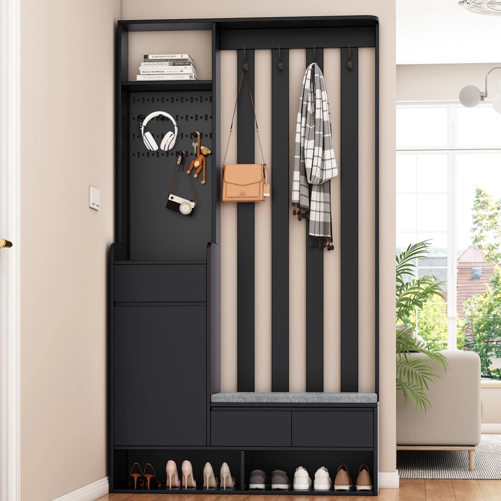 Mobile da ingresso con panca imbottita, 1 cassetto, vani aperti, pannello forato e 4 ganci, nero, 100 × 35 × 180 cm