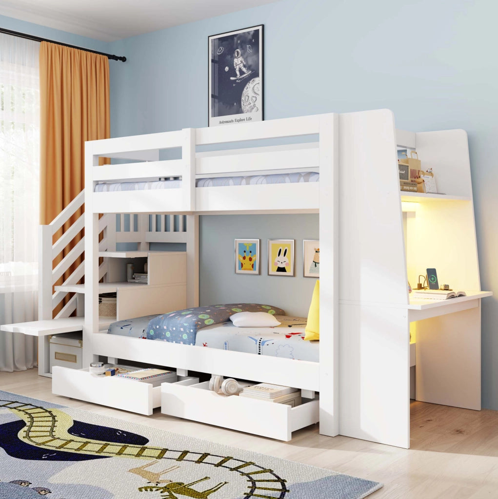 Letto a castello 90x200 cm in legno con scala contenitore; scrivania; LED e 2 cassetti; bianco