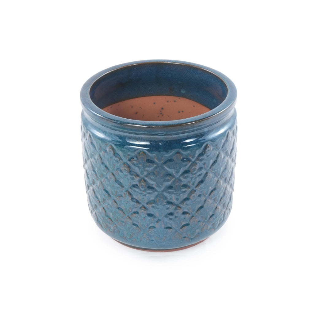 Vaso in ceramica set di 3 con rilievo a rombi blu navy e fori di drenaggio per interni e spazi esterni coperti