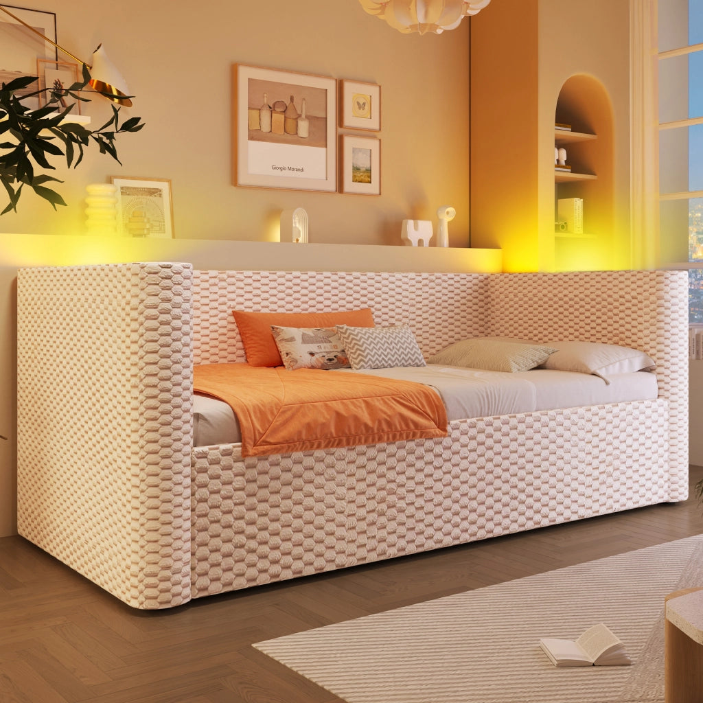Letto divano singolo 90 x 200 cm con contenitore idraulico e LED multicolore; velluto e MDF; grigio