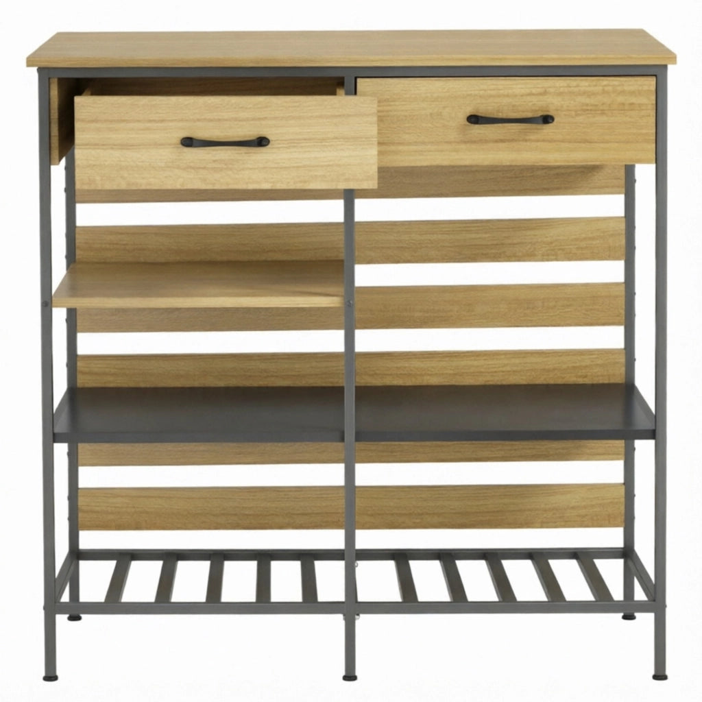 Credenza ULEVR 90x40x91 cm con 2 cassetti e 3 ripiani aperti, pannello truciolare e acciaio naturale e nero