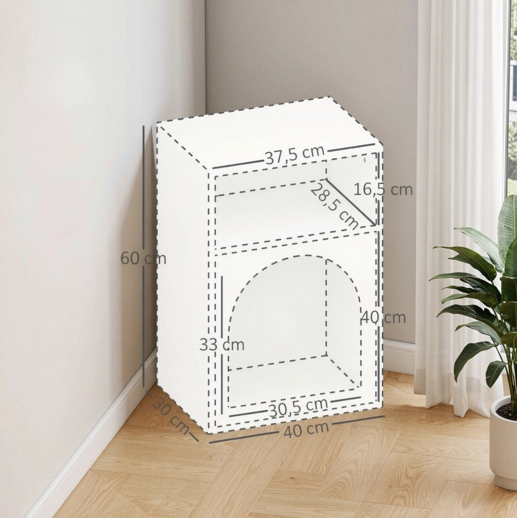 Comodino in MDF color crema con due ripiani aperti, design curvo moderno, 40x30x60 cm