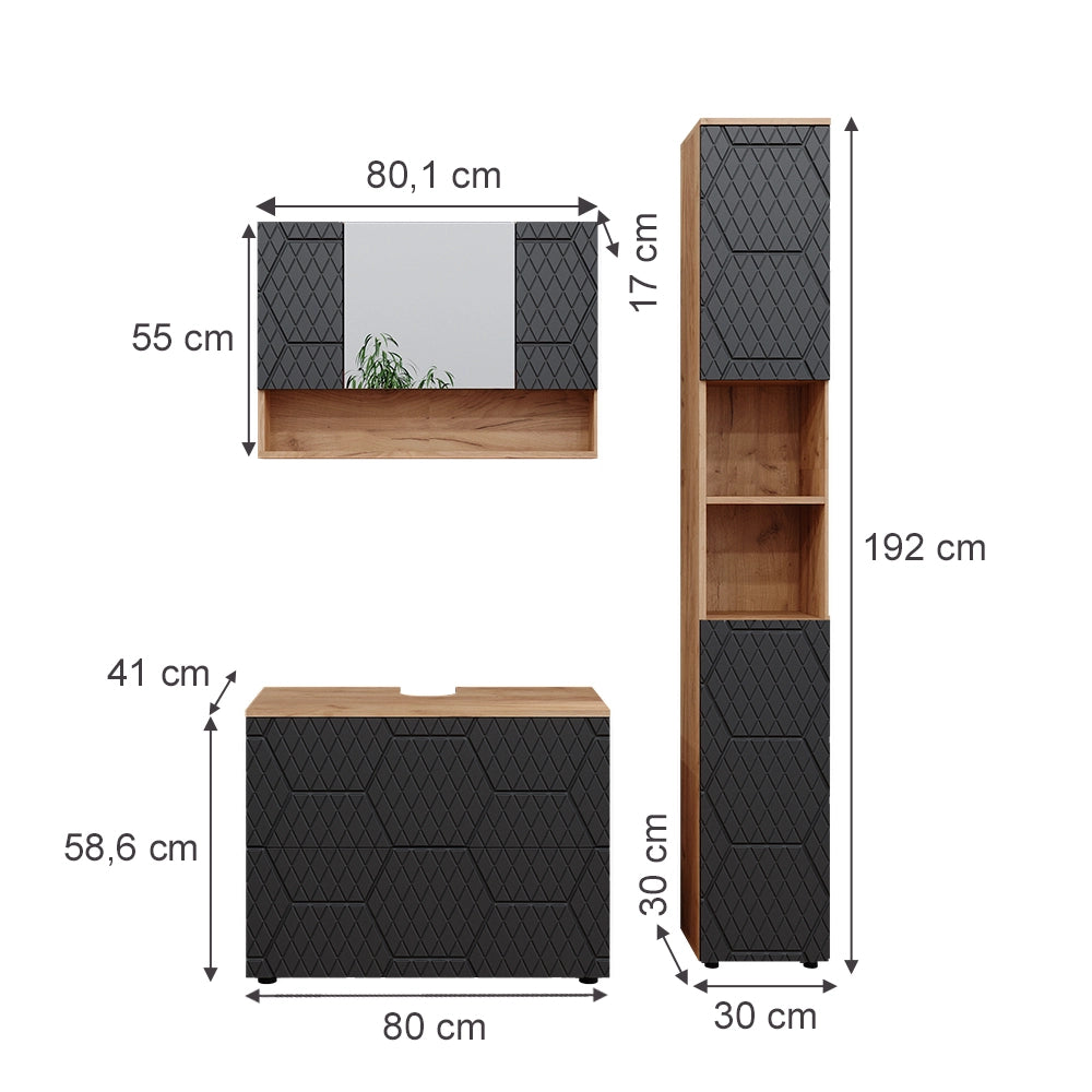 Vicco Set mobili bagno Antracite con struttura a nido d'ape 3 pezzi, con mobile a specchio 80 cm