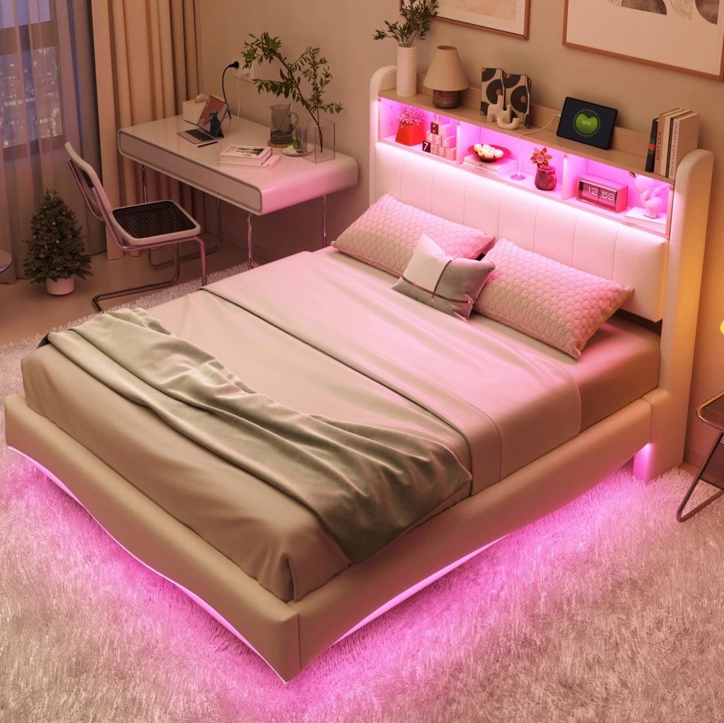 Letto imbottito sospeso 140x200 cm in tessuto di lino beige con luci LED, porte USB e Type-C, contenitore integrato