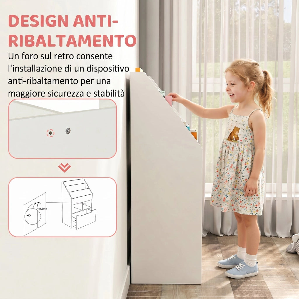 Libreria per Bambini con Ripiani e Cassetto in MDF Bianco, Scaffale Portagiochi Salvaspazio, 60x29.9x90cm